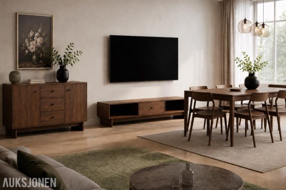 Møbelsett – Valnøtt Skjenk, spisebord, TV-benk Valmo